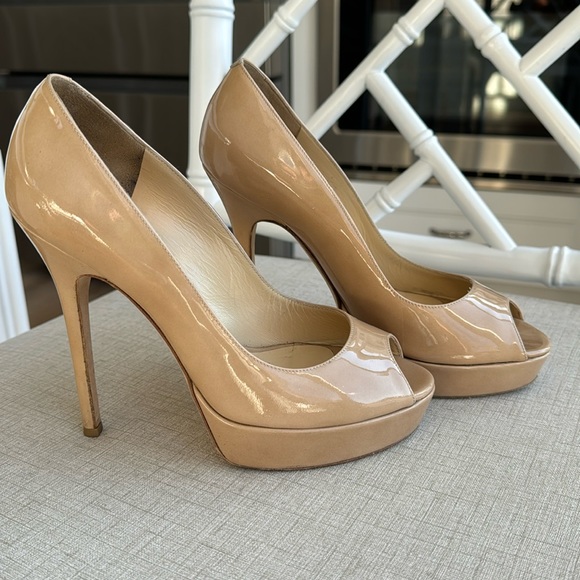 Jimmy Choo Beige Patent Leather Dahlia Peep Toe Platform Pumps Size 36 - Picture 8 of 13
